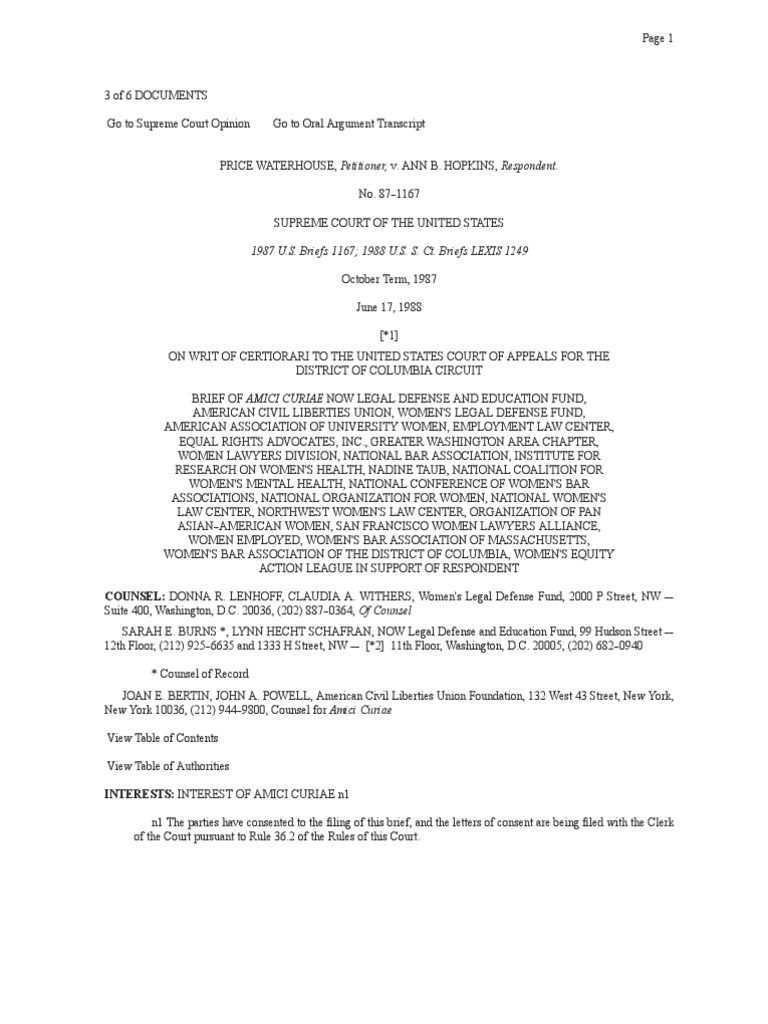 Price Waterhouse v. Hopkins, 490 U.S. 228 (1989) Stereotypes Civil