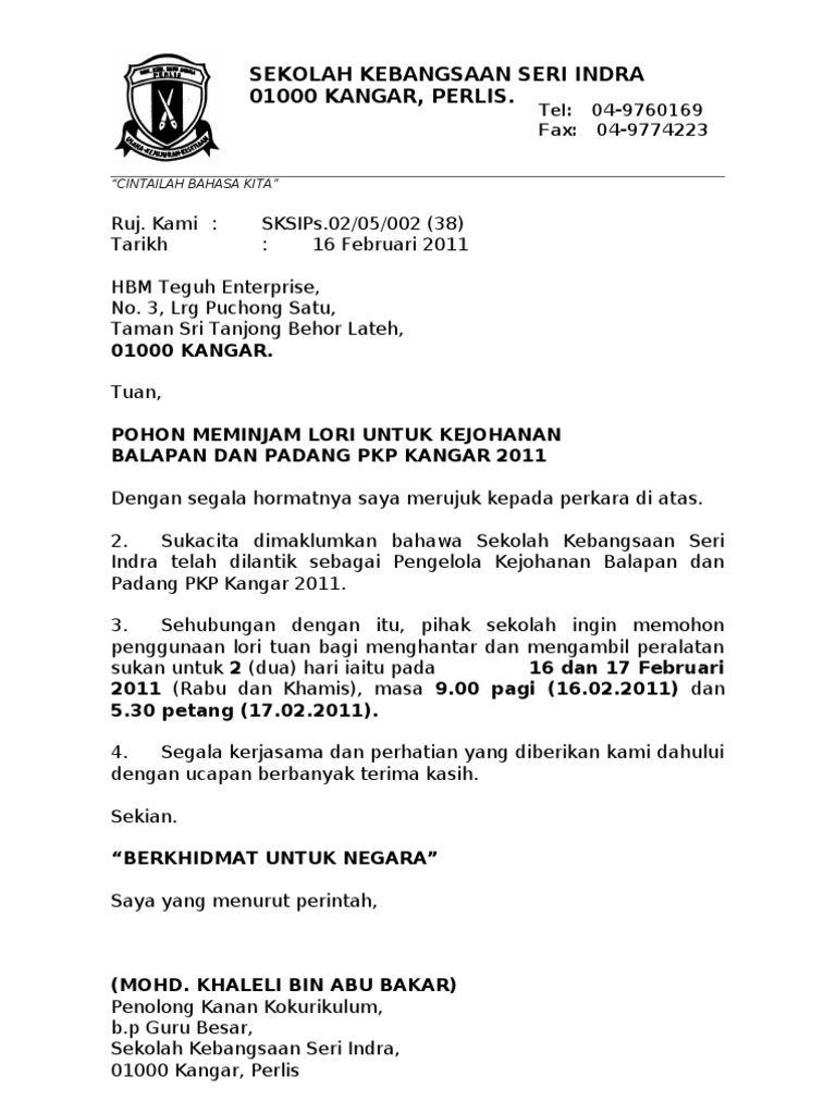 Contoh Surat Rasmi Dari Company Ke Government Department