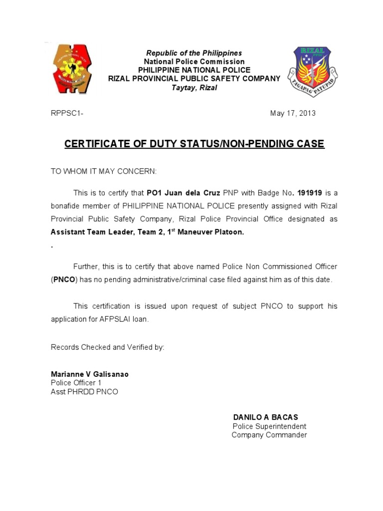 RPPSCCertificate of Duty Status, NonPending Case and Auth for Promo