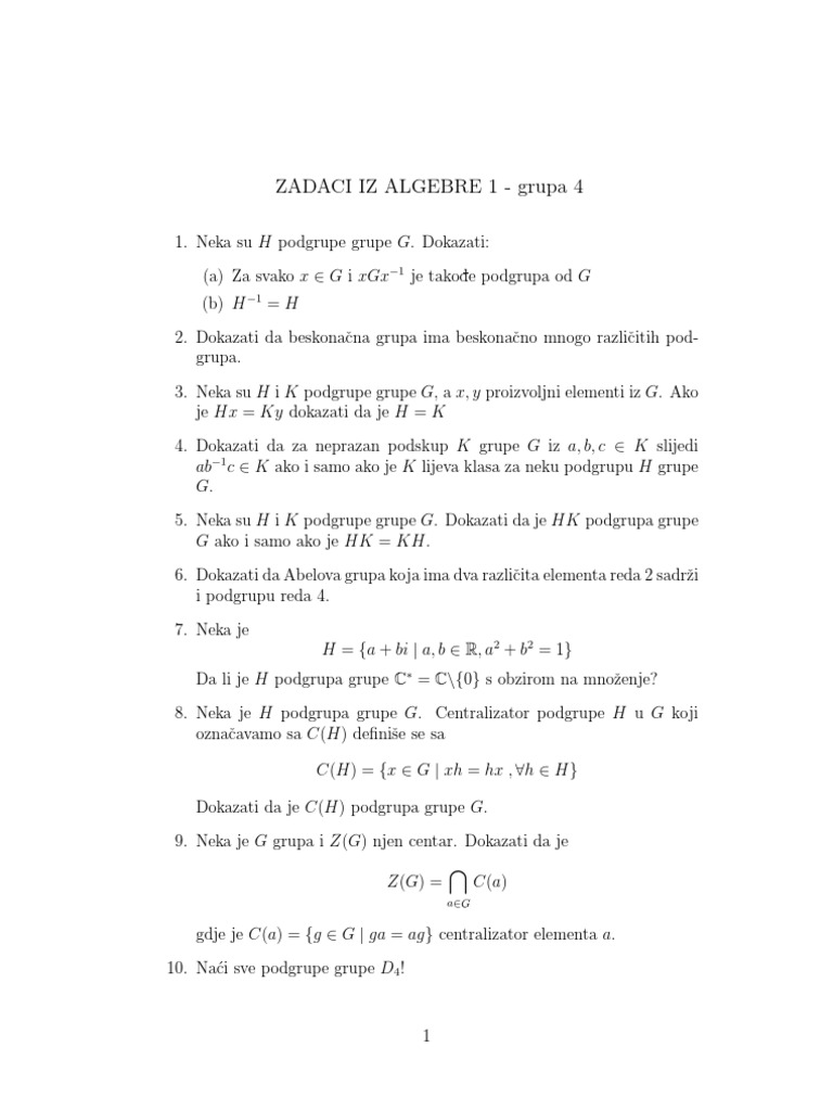 Zadaci Iz Algebre 1 Grupa 4 G I Xgx