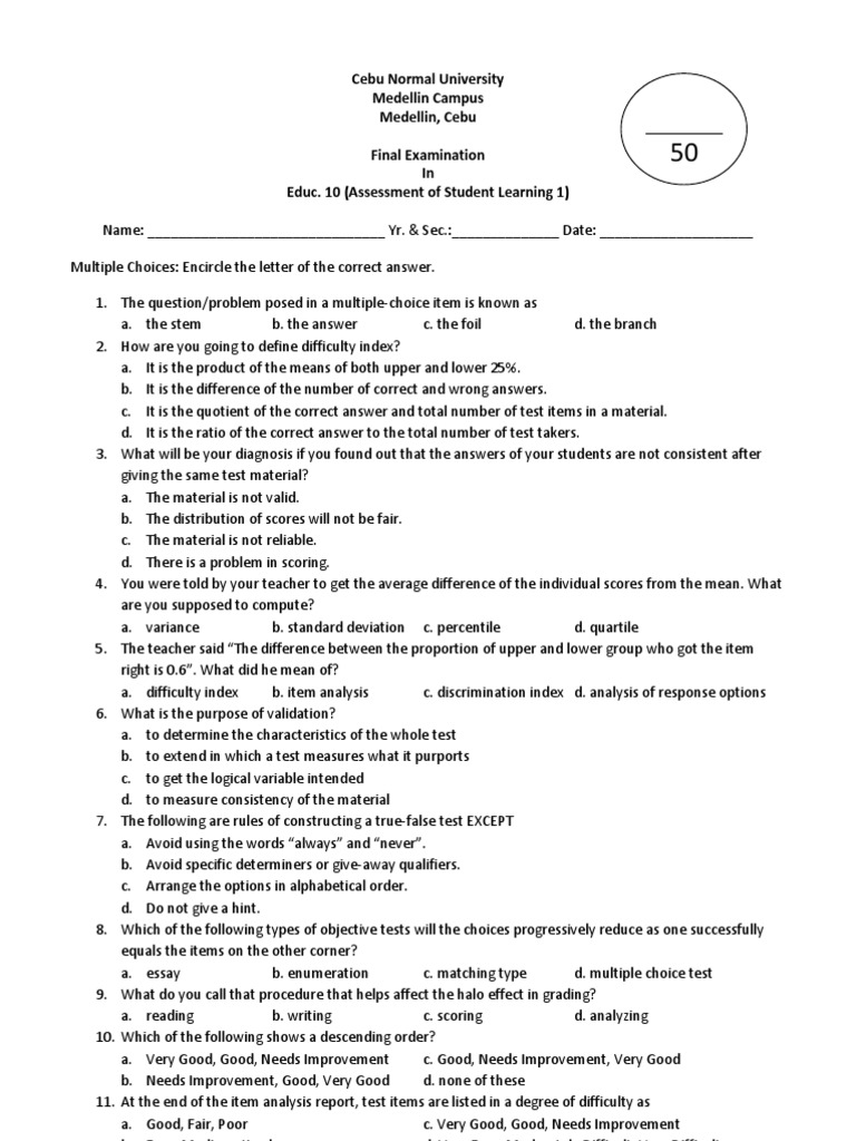 Finals 4 Educ 10 PDF Multiple Choice Test (Assessment)