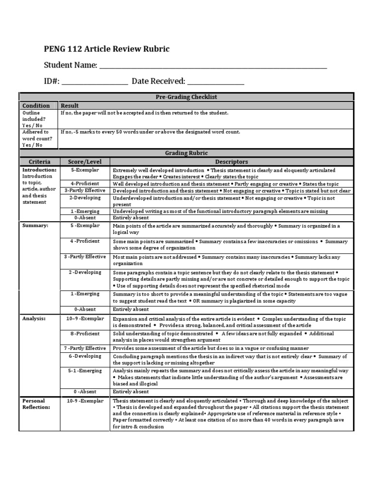 PENG 112 Article Review Rubric | PDF | Rubric (Academic) | Thesis