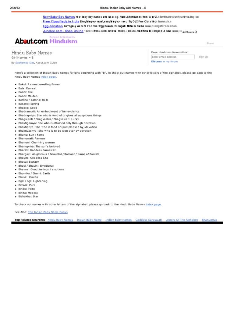 Hindu Indian Baby Girl Names B Indian Religions Religion And Belief