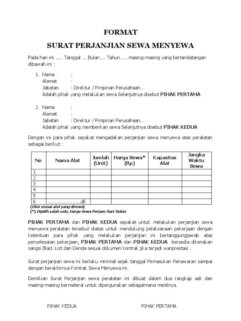 Form Surat Perjanjian Sewa Alat