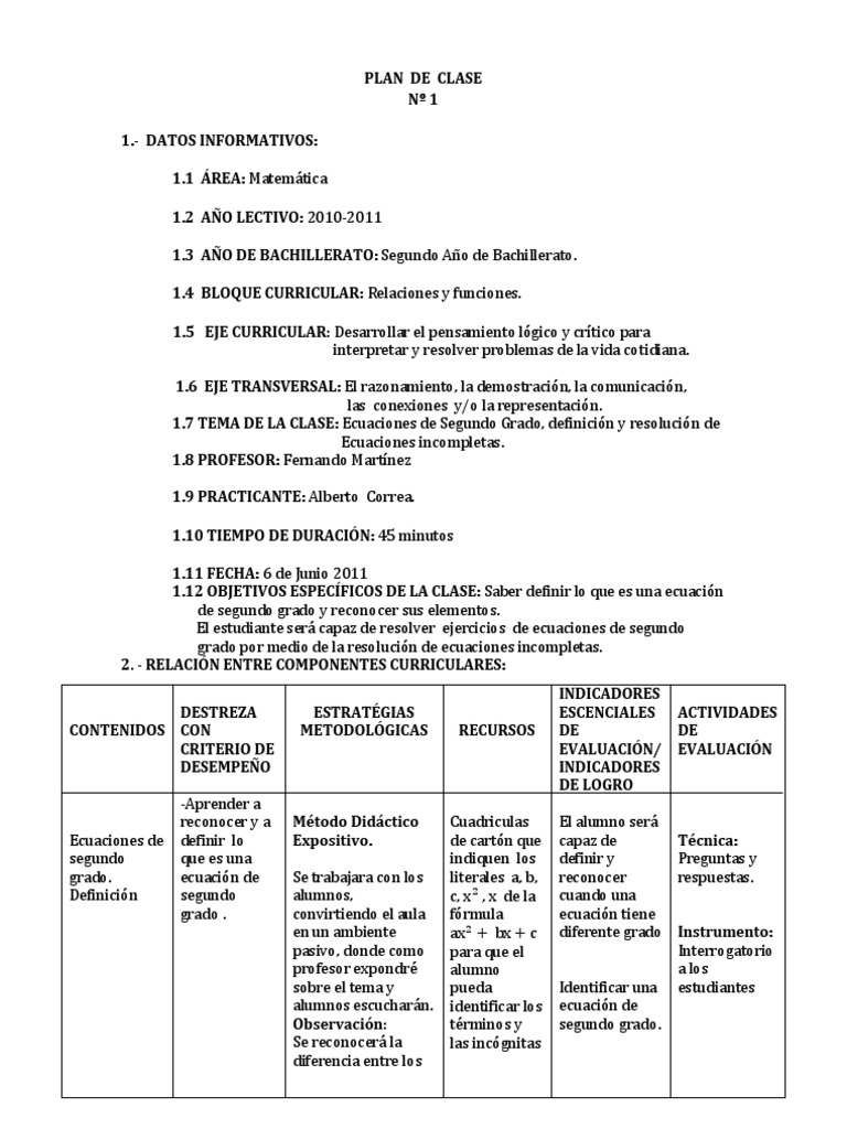 Plan De Clase De Bachiilerato Docx Ecuaciones Algebra