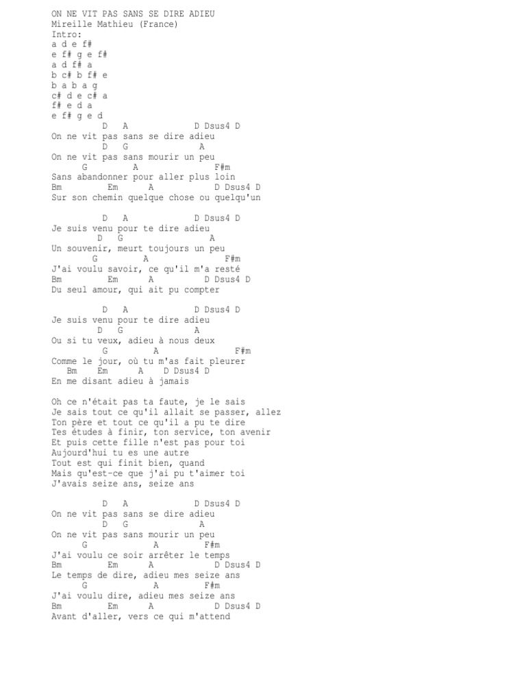 Chanson On Ne Vit Pas Sans Se Dire Adieu On Ne Vit Pas Sans Se Dire Adieu