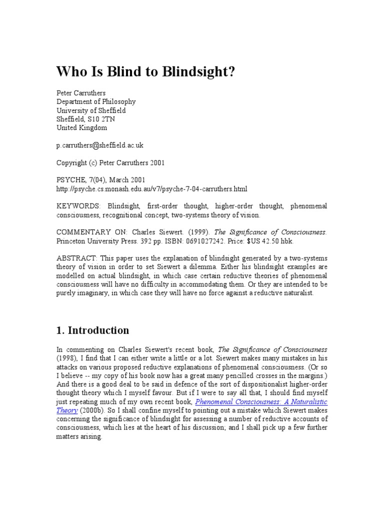 Who Is Blind To Blindsight? PDF Consciousness Visual System