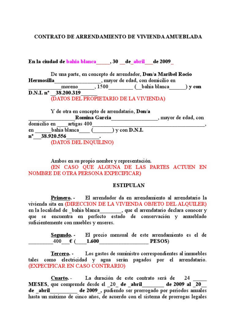 Contrato De Alquiler De Vivienda Habitual En Formato Word