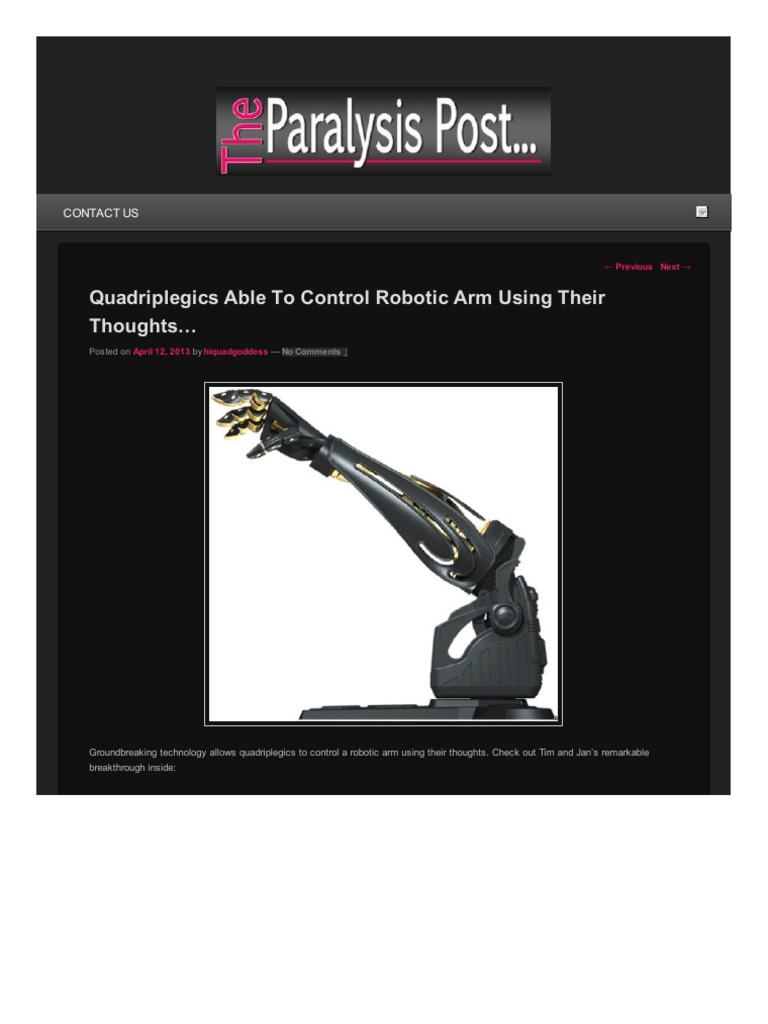 Quadriplegics Able To Control Robotic Arm Using Their Thoughts | PDF ...