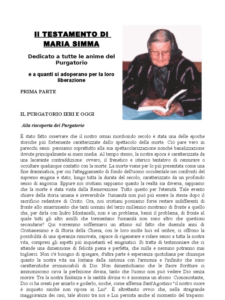 Il Testamento Di Maria Simma Dedicato Alle Anime Del Purgatorio e Quelli Che Si Prodigano Per