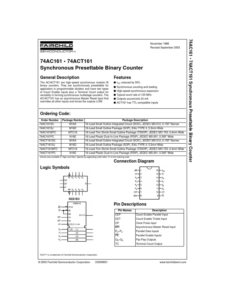 74AC161-Synchronous Presettable Binary Counter | PDF