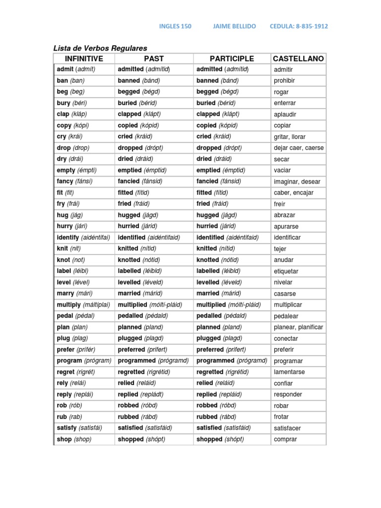 Lista de Verbos Regulares e Irregulares | PDF | Gramática | Sintaxis