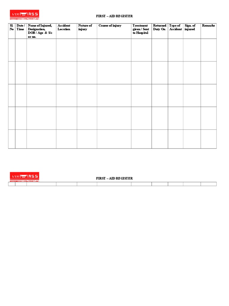 First Aid Register Template | PDF | Politics | Social Science