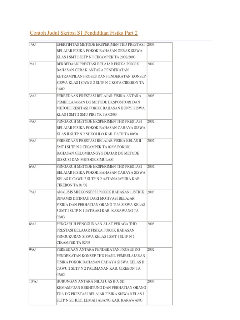 Skripsi Fisika Ide Judul Skripsi Universitas