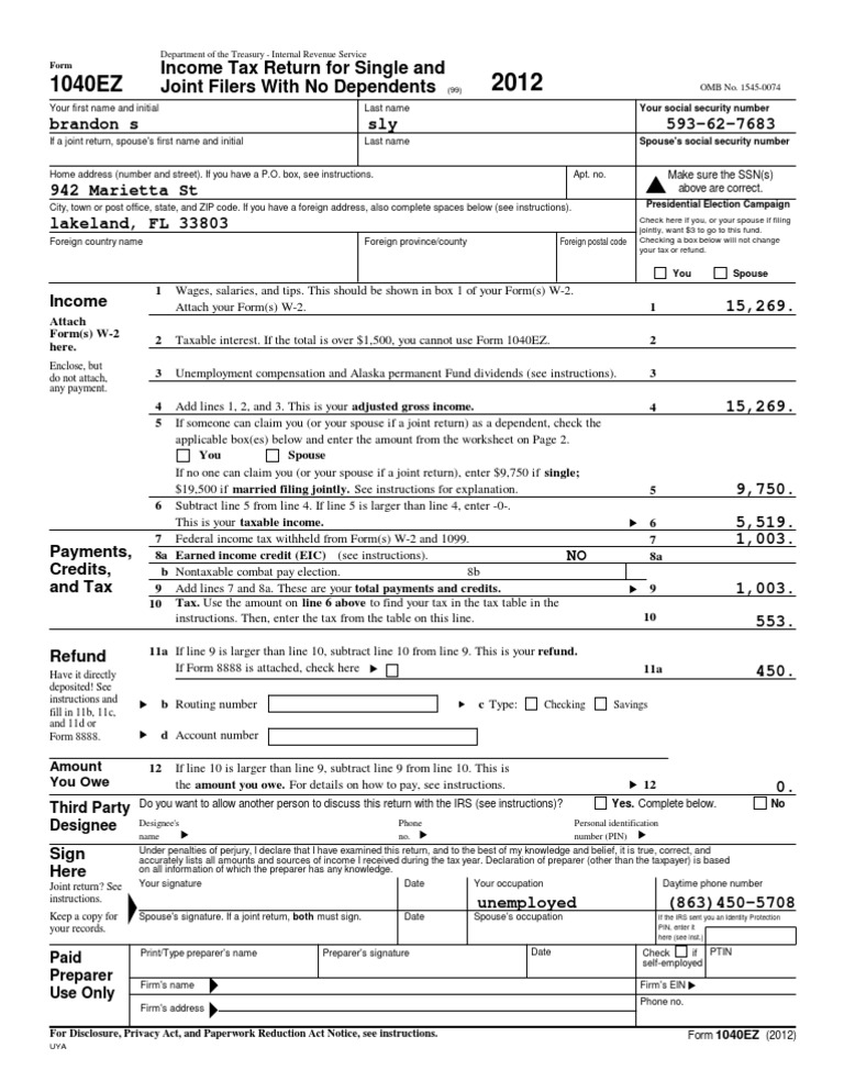 2012 Form 1040EZ Tax Return Guide | PDF | Business