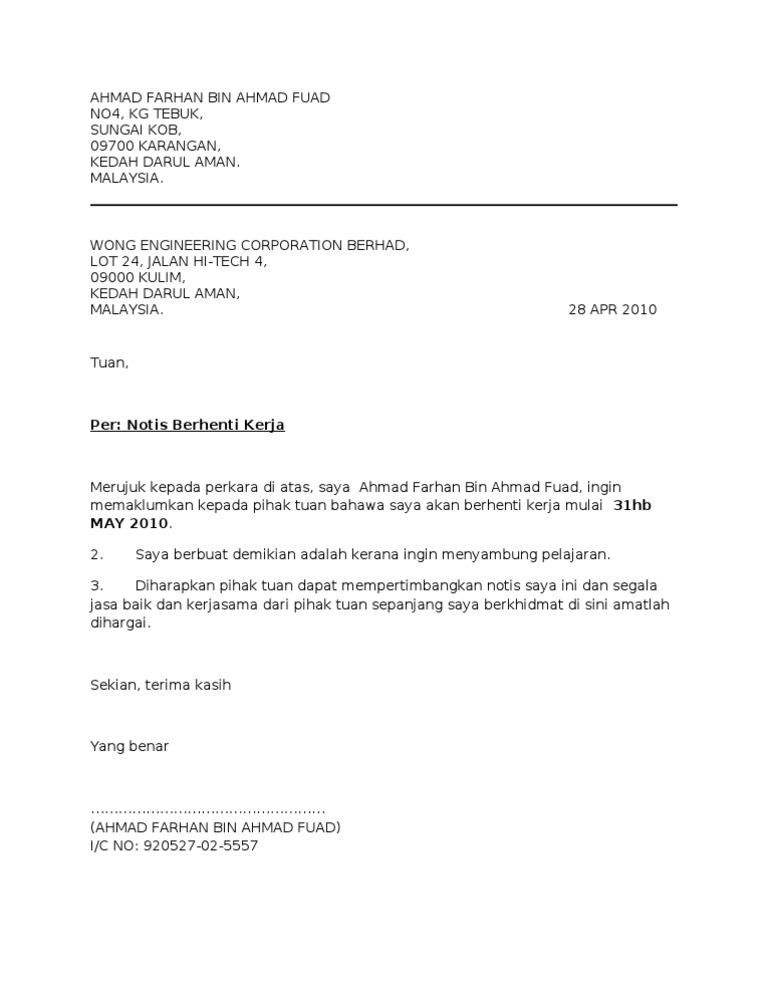 Surat Berhenti Kerja Notice 1 Mggu