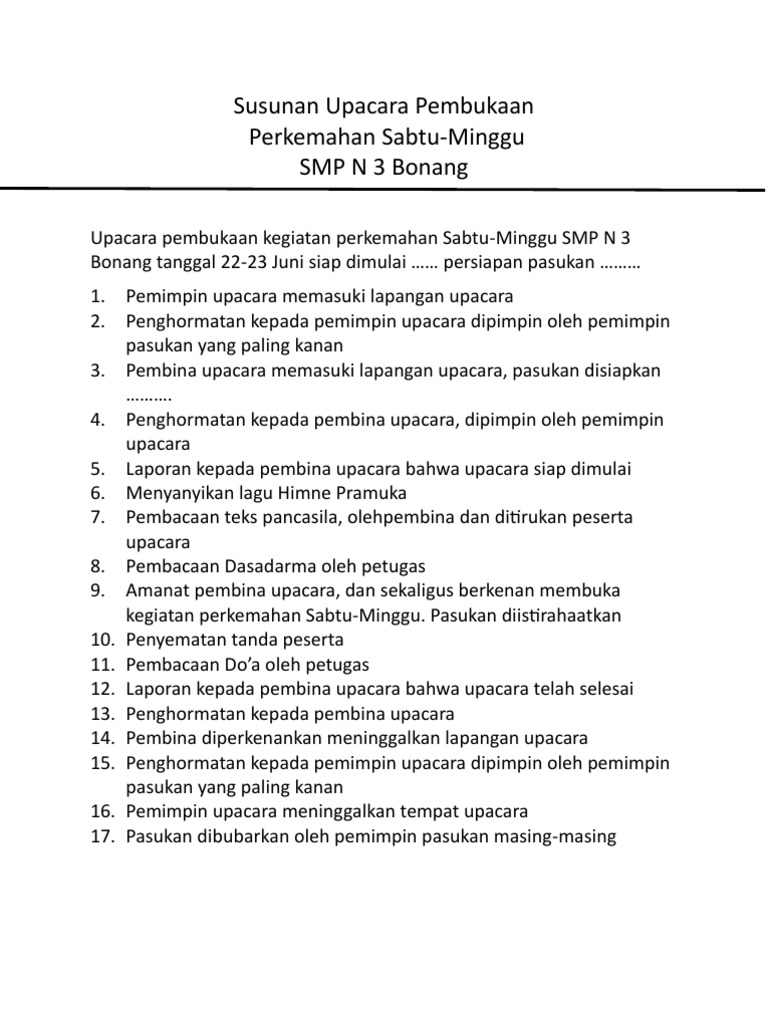 Susunan Upacara Pembukaan Perkemahan Sabtu Minggu Smp N 3 Bonang