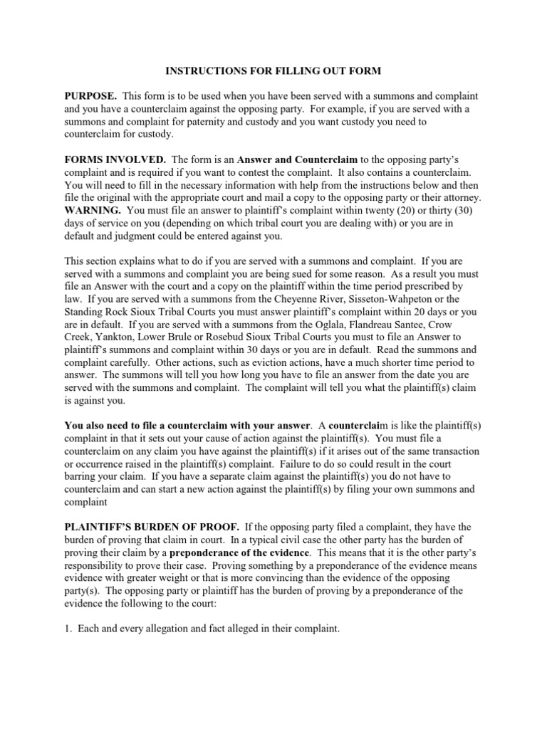 Answer and Counterclaim Form PDF Affirmative Defense Burden Of