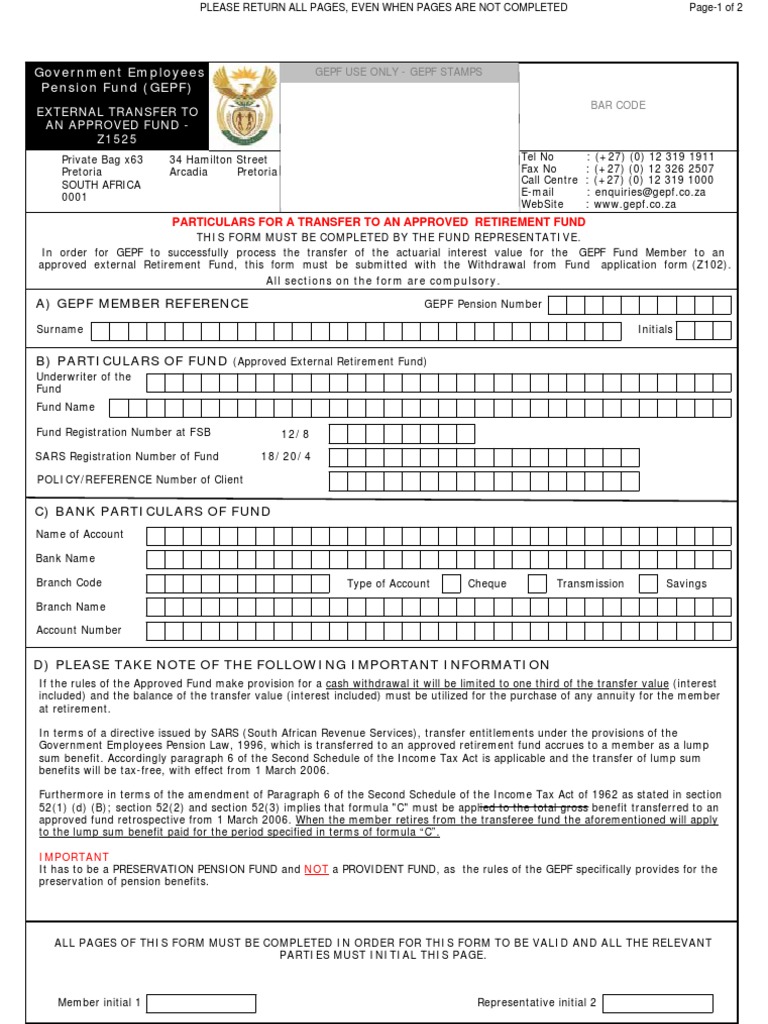 Z1525 External Transfer of Benefits Pension Fund Pension