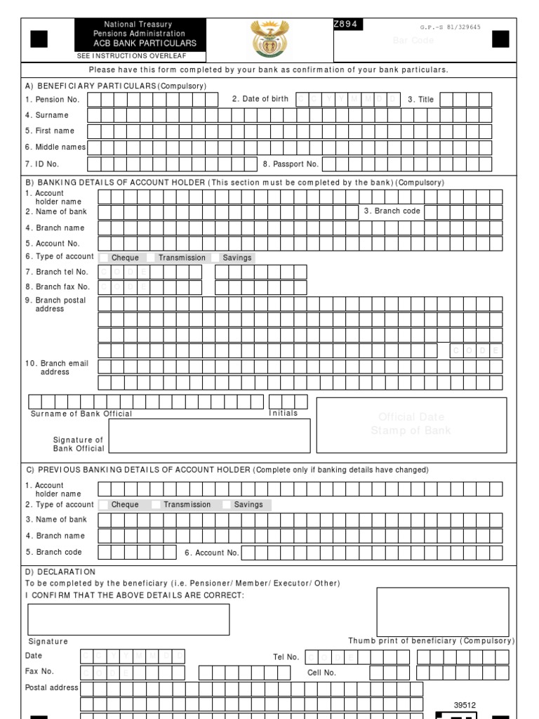 z894 - Bank Details Form - Pension EFT | Cheque | Banks