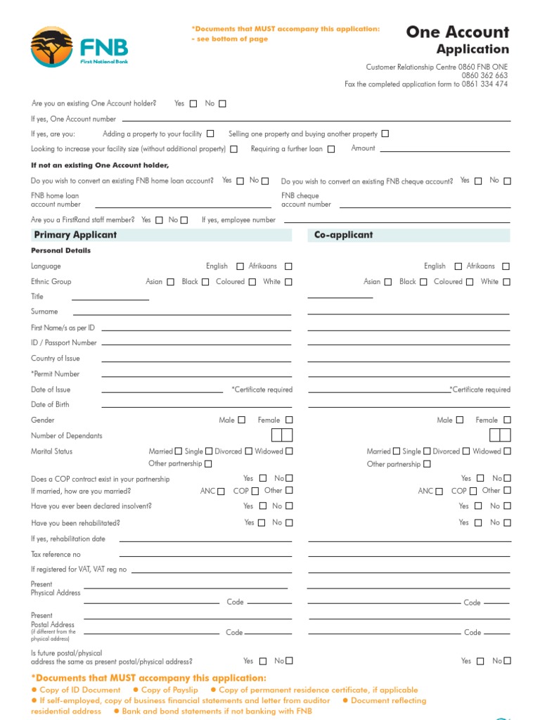 one account application form FNB Banks Loans