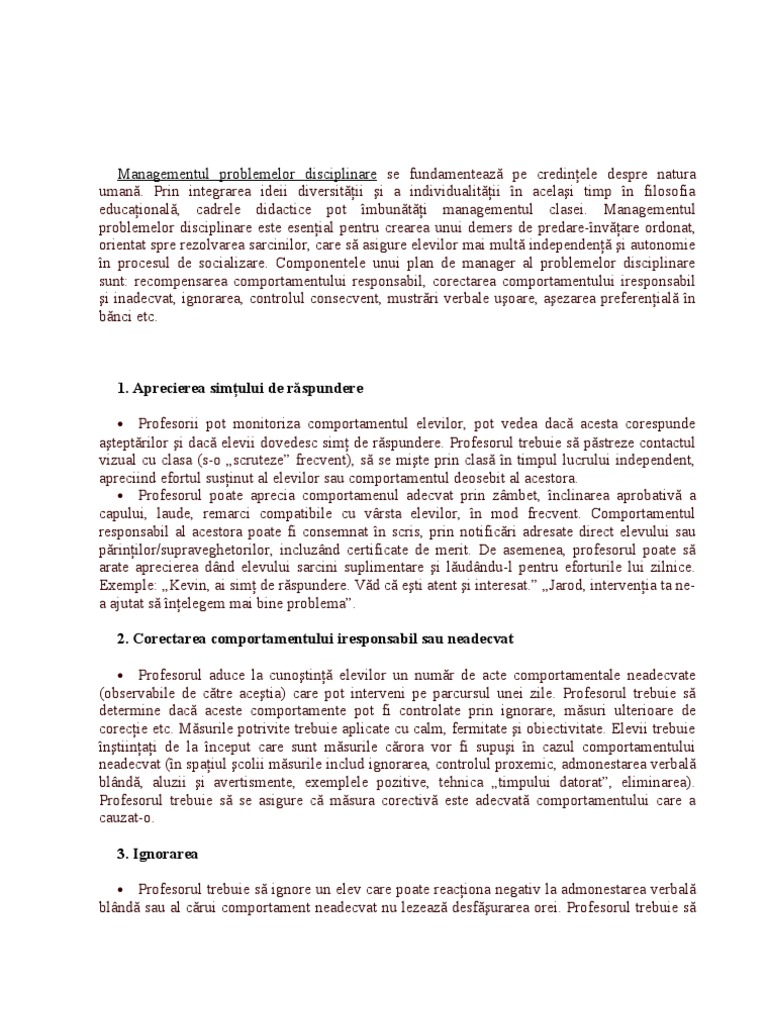Managementul Problemelor Disciplinare 1 Aprecierea SimÅ£ului De RÄƒspundere