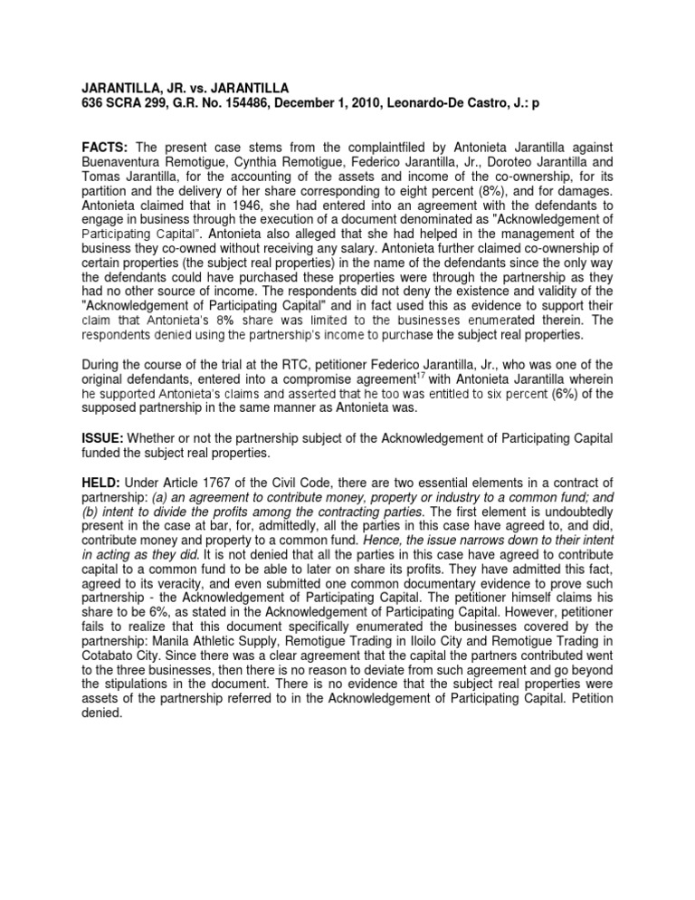 Jarantilla Jr Vs Jarantilla Digests Partnership Property