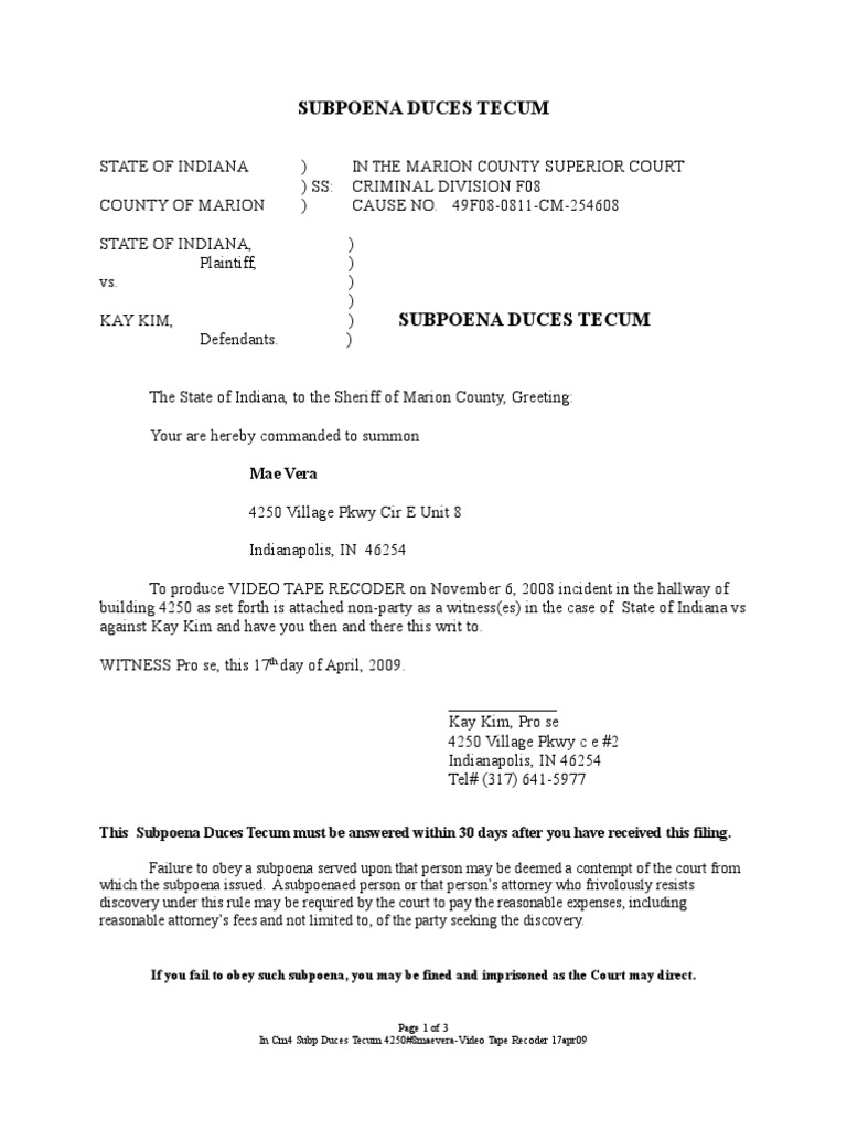 Indiana Criminal Subpoena Duces Tecum | PDF | Subpoena Duces Tecum ...