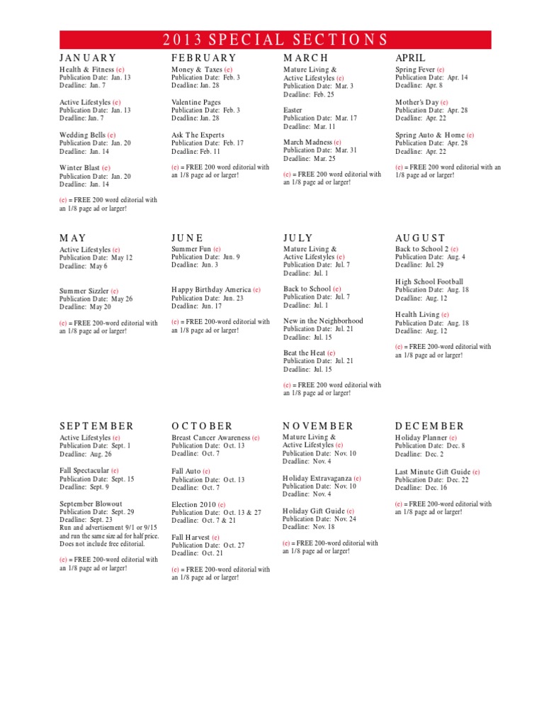 2013 Special Sections Calendar | PDF