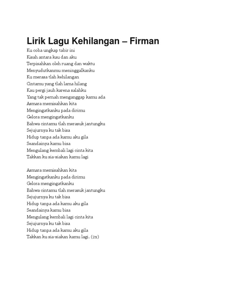 Lirik Lagu Firman Kehilangan Karaoke