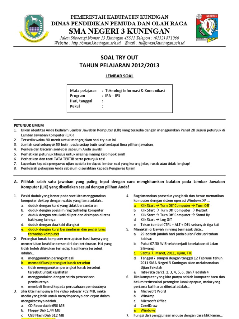 Soal Try Out Tik Sma Kunci Jawaban
