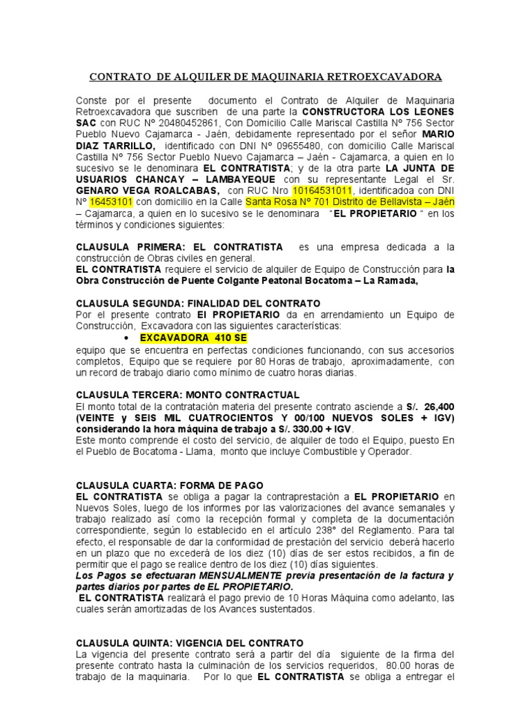 Contrato de Alquiler de Retroexcavadora | PDF | Pagos | Gobierno
