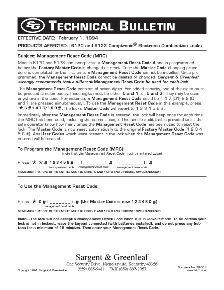 S&G 6120 Safe Lock Management Reset Instructions PDF Security