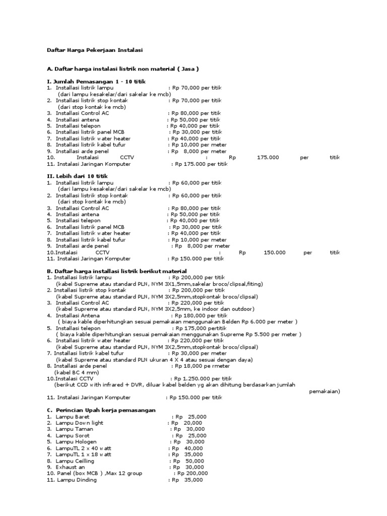 Daftar Harga Pekerjaan Instalasi A Daftar Harga Instalasi Listrik Non Material