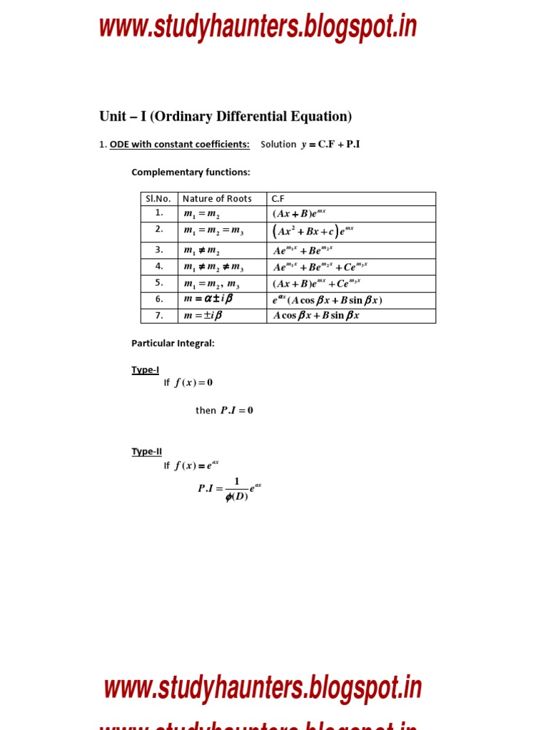 Engineering Mathematics Ii Formulas Studyhaunters Pdf Ordinary Differential Equation Convolution