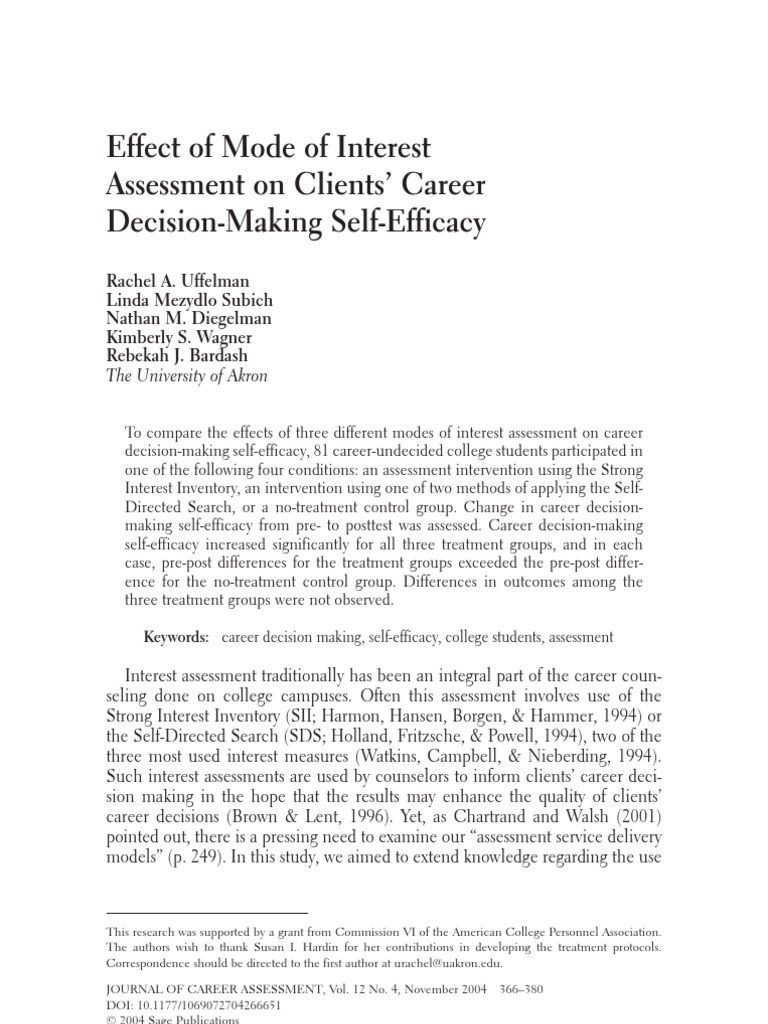 Career Decision Making, Self-Efficacy | PDF | Self Efficacy | Standard ...