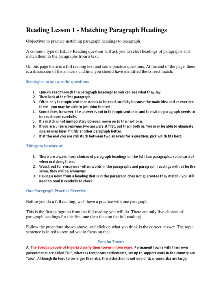 Reading Lesson 1 Matching Heading | Paragraph | Palace