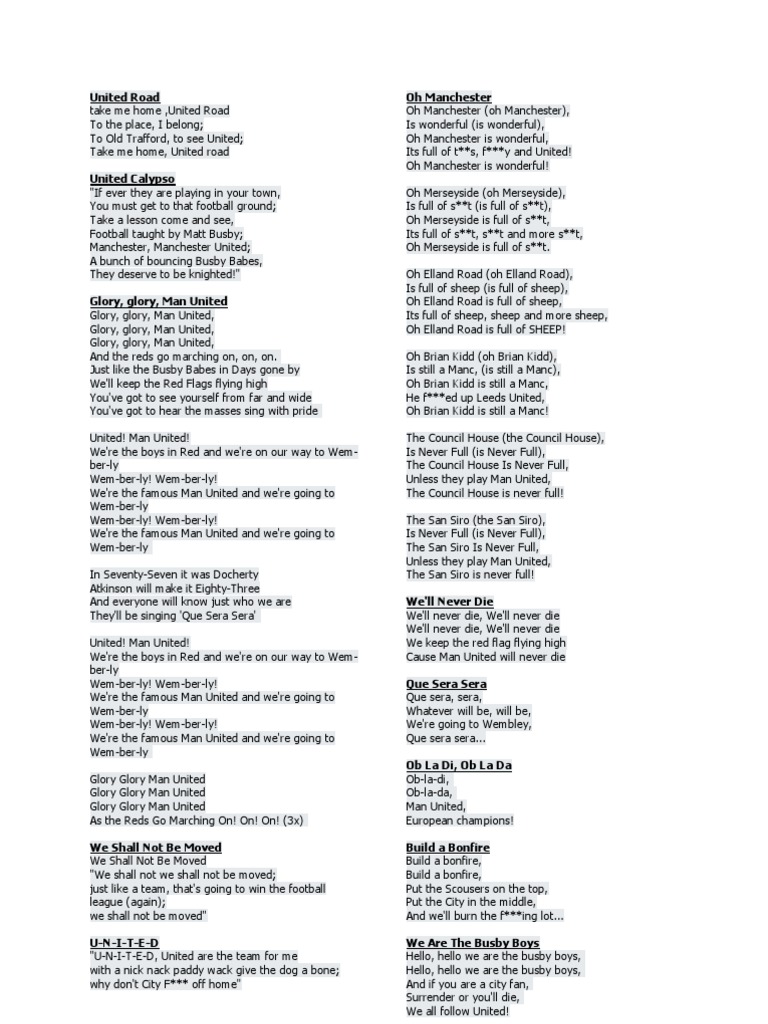 Manchester United Chant Lyrics Compilation | PDF | Manchester United F ...