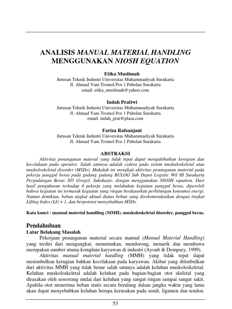 Analisis Manual Material Handling Dengan NIOSH Equation PDF PDF