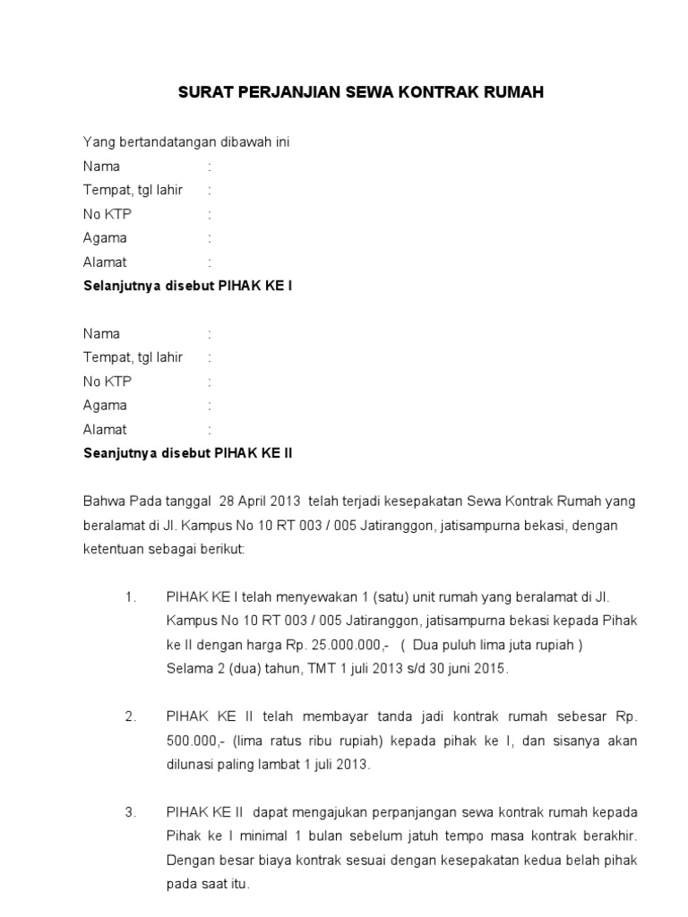 Contoh Surat Perjanjian Sewa Kontrak Rumah Pdf
