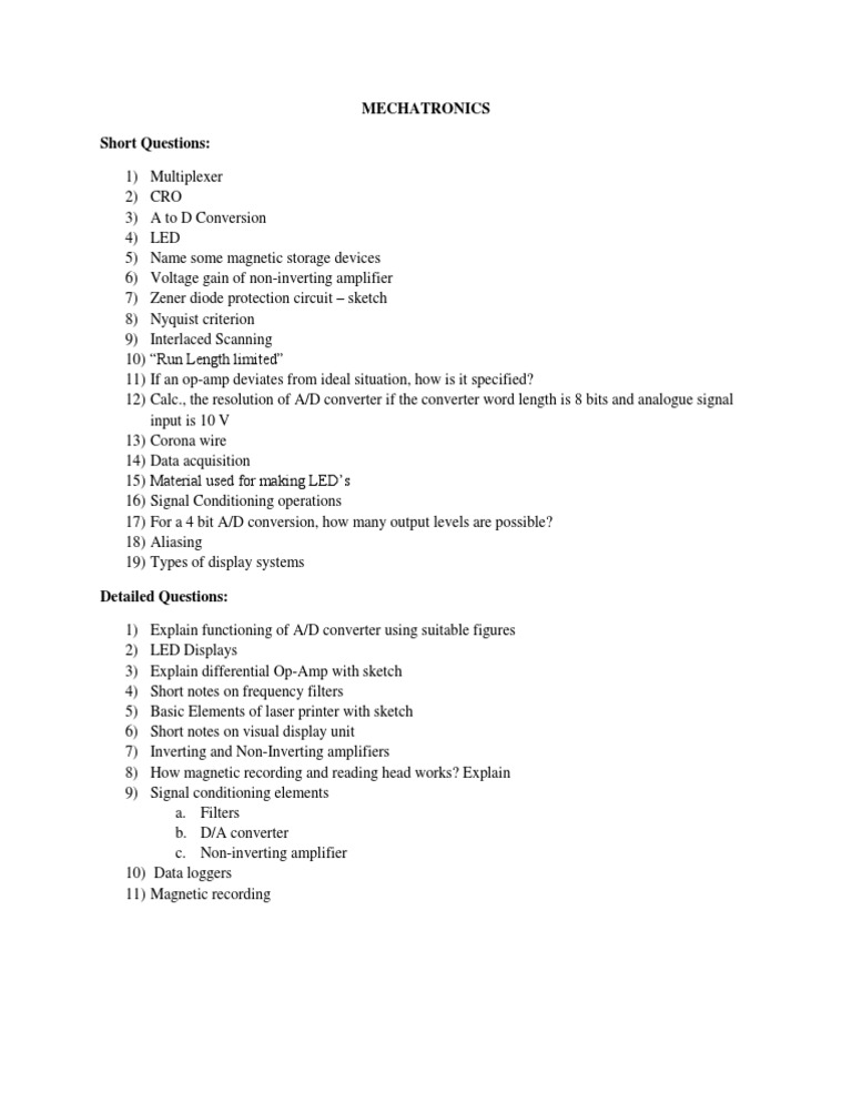 Mechatronics Short Questions | PDF