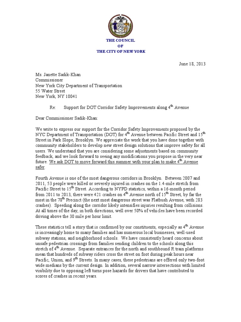 CM Letter To DOT Re 4th Ave Project | PDF | Street | Brooklyn