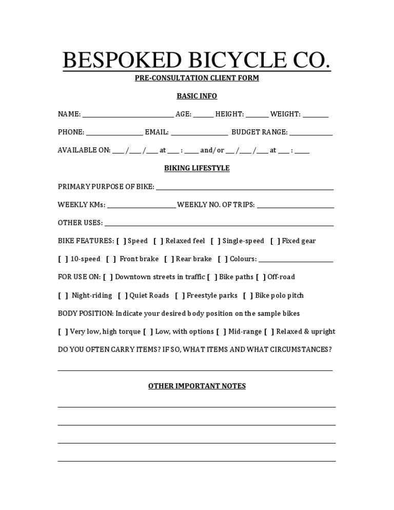 Bespoke Bicycle Pre-Consultation Form | PDF
