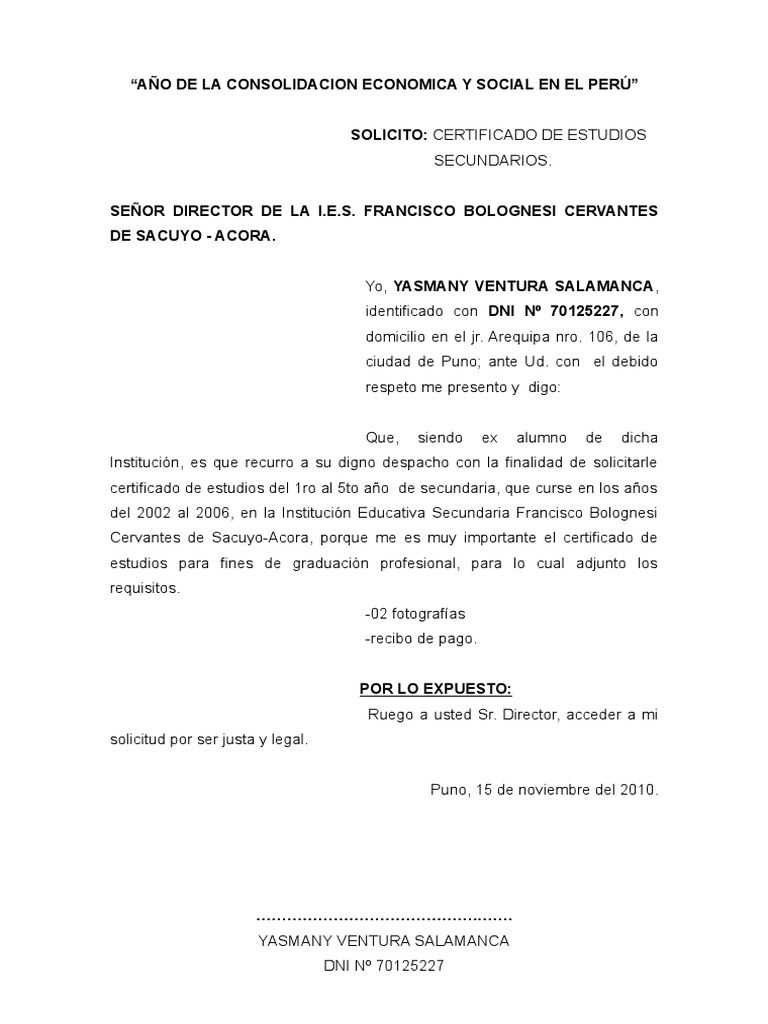 SOLICITUD de Certificados de Estudios Secundarios 2010