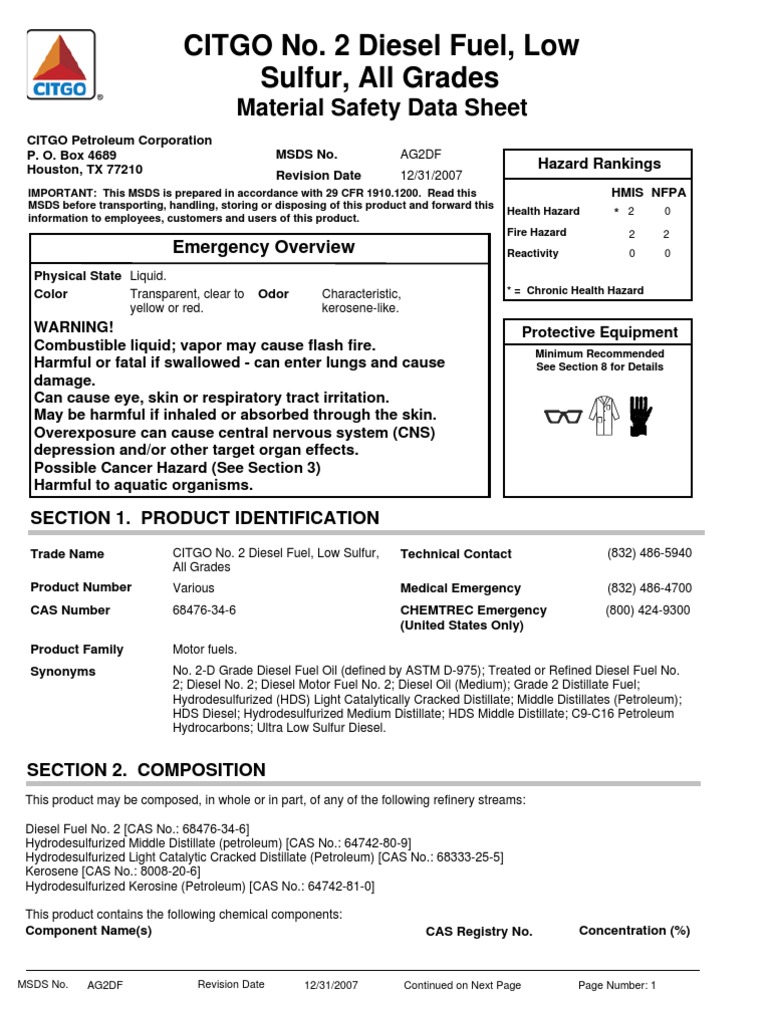 MSDS Disel Fuel Personal Protective Equipment Combustion