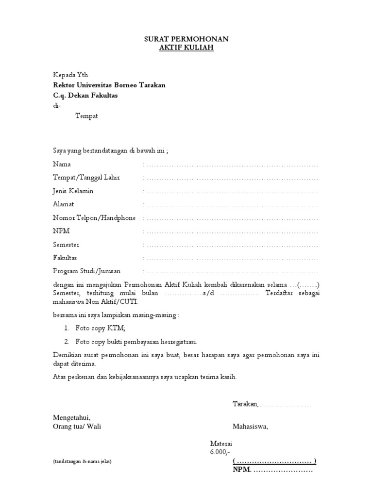 Surat Permohonan Aktif Kuliah