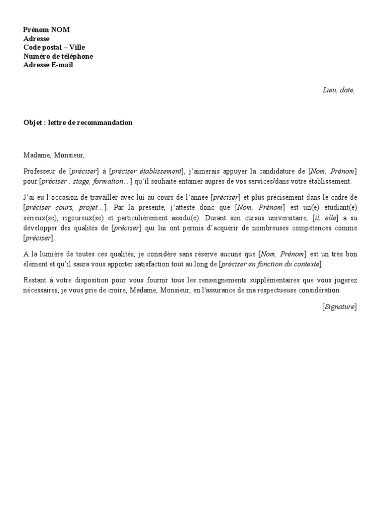 Lettre Recommandation Prof Pour Etudiant