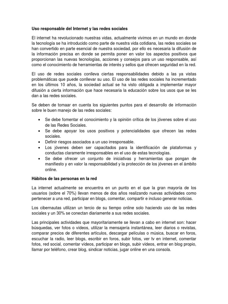 Uso Responsable Del Internet y Las Redes Sociales | PDF | Servicio de ...
