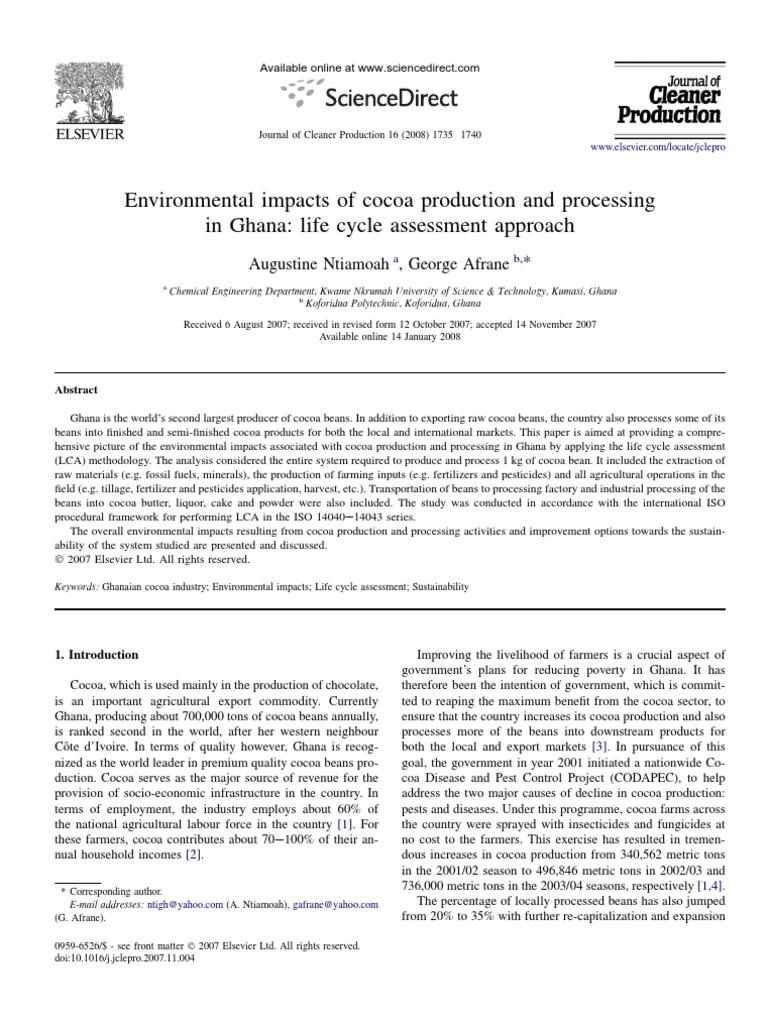 Environmental Impacts of Cocoa Production and Processing PDF Cocoa Bean Life Cycle Assessment