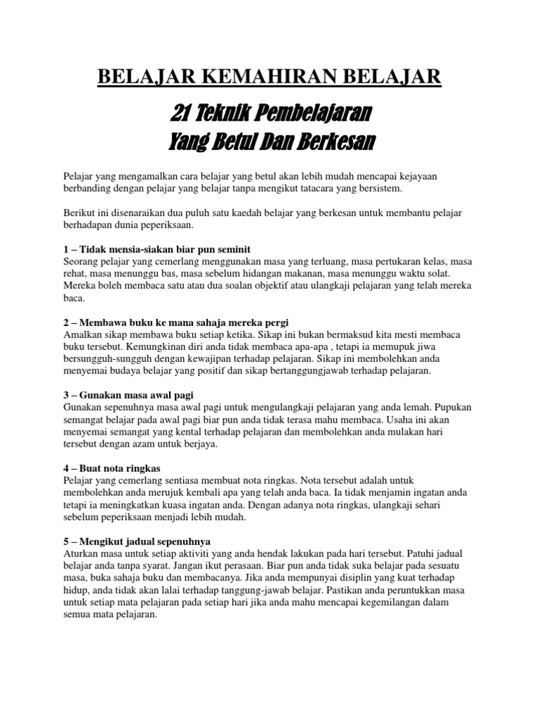 21 Teknik Belajar Kemahiran Belajar Pdf